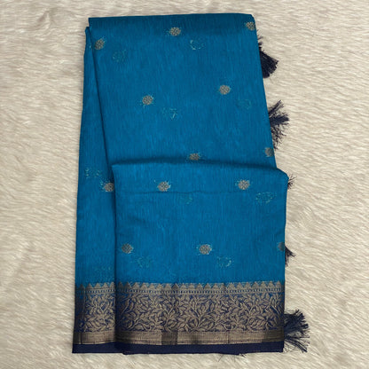 Blue Semi Jute Festive Saree with Black Contrast Woven Border