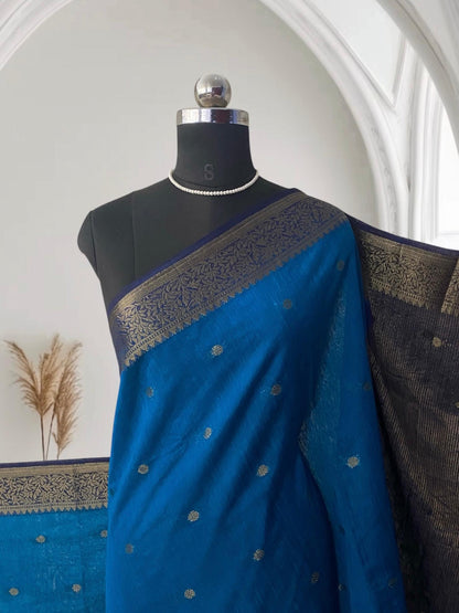 Blue Semi Jute Festive Saree with Black Contrast Woven Border