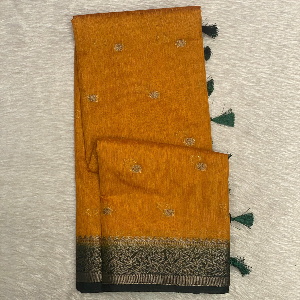 Mustard Yellow & Dark Grey Zari Woven Semi Jute Saree