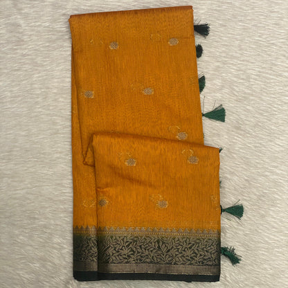 Mustard Yellow & Dark Grey Zari Woven Semi Jute Saree