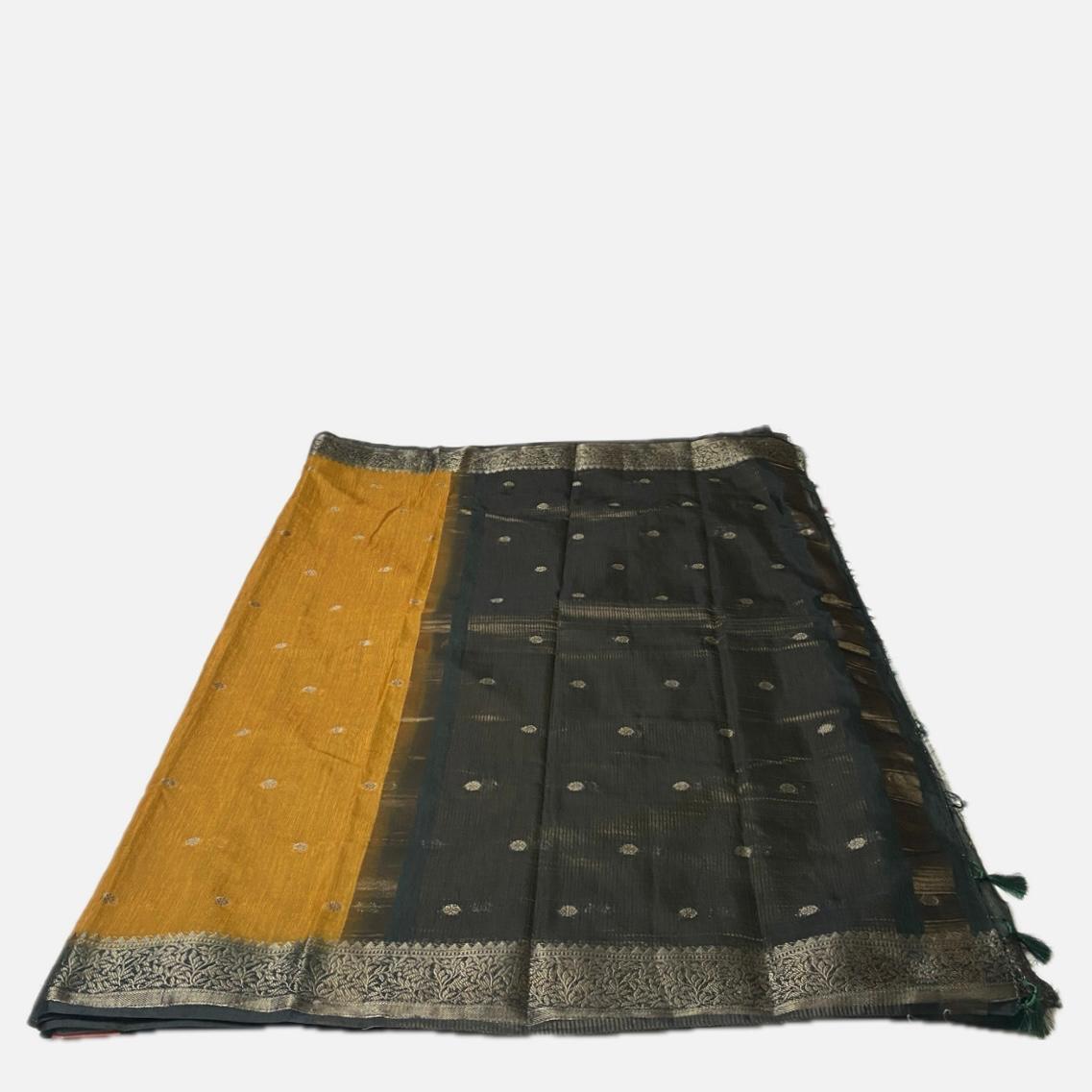 Mustard Yellow & Dark Grey Zari Woven Semi Jute Saree