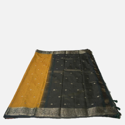 Mustard Yellow & Dark Grey Zari Woven Semi Jute Saree