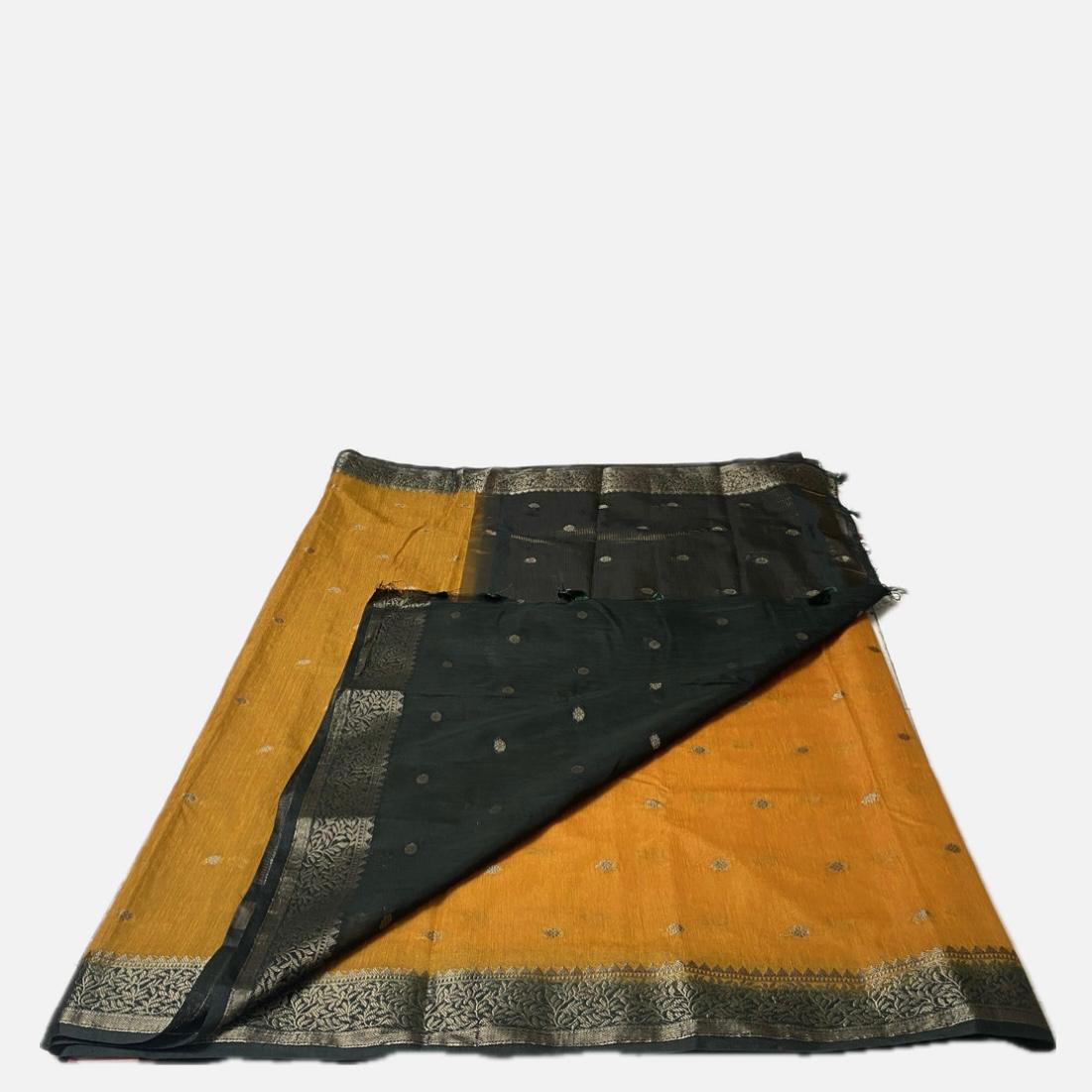 Mustard Yellow & Dark Grey Zari Woven Semi Jute Saree