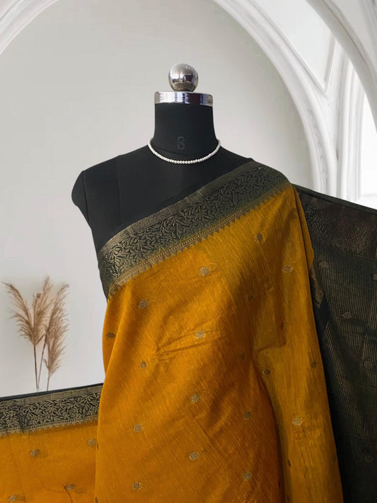 Mustard Yellow & Dark Grey Zari Woven Semi Jute Saree