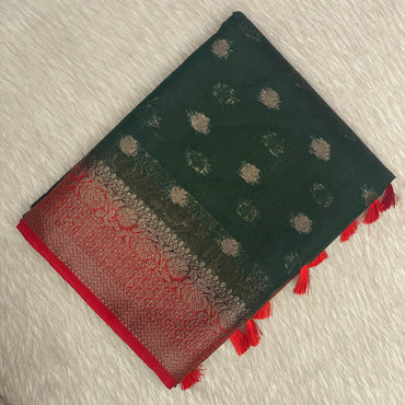 Dark Green & Rich Red Zari Woven Semi Jute Saree