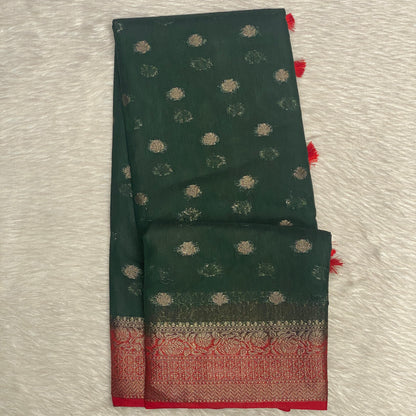 Dark Green & Rich Red Zari Woven Semi Jute Saree