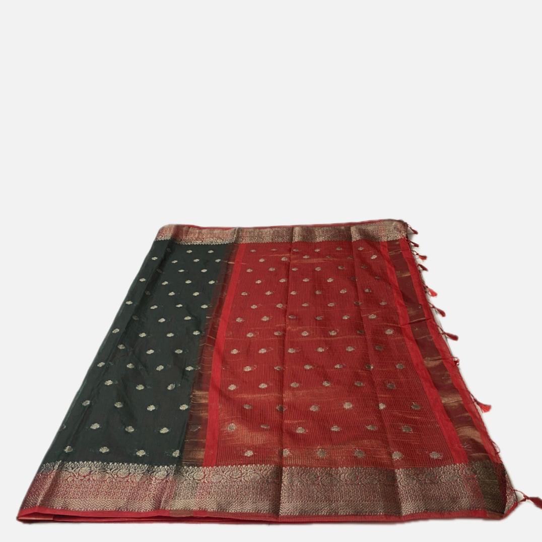 Dark Green & Rich Red Zari Woven Semi Jute Saree