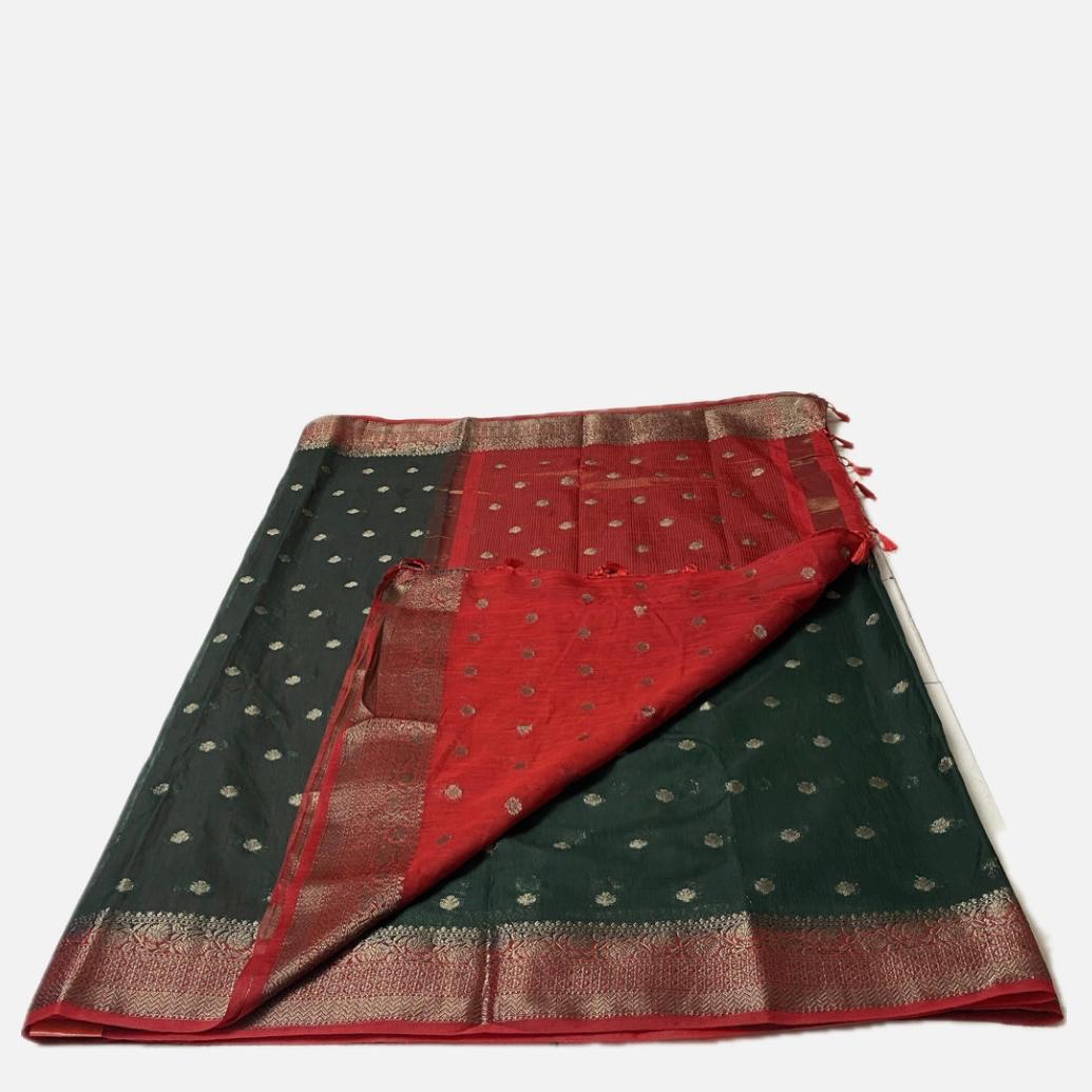 Dark Green & Rich Red Zari Woven Semi Jute Saree
