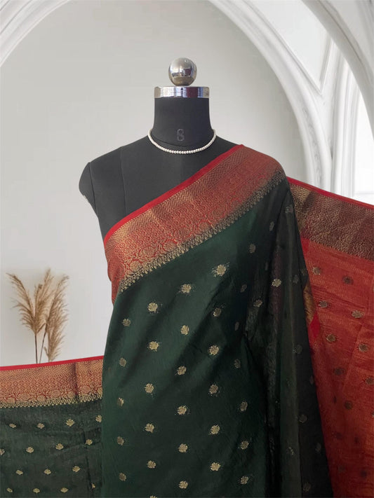 Dark Green & Rich Red Zari Woven Semi Jute Saree