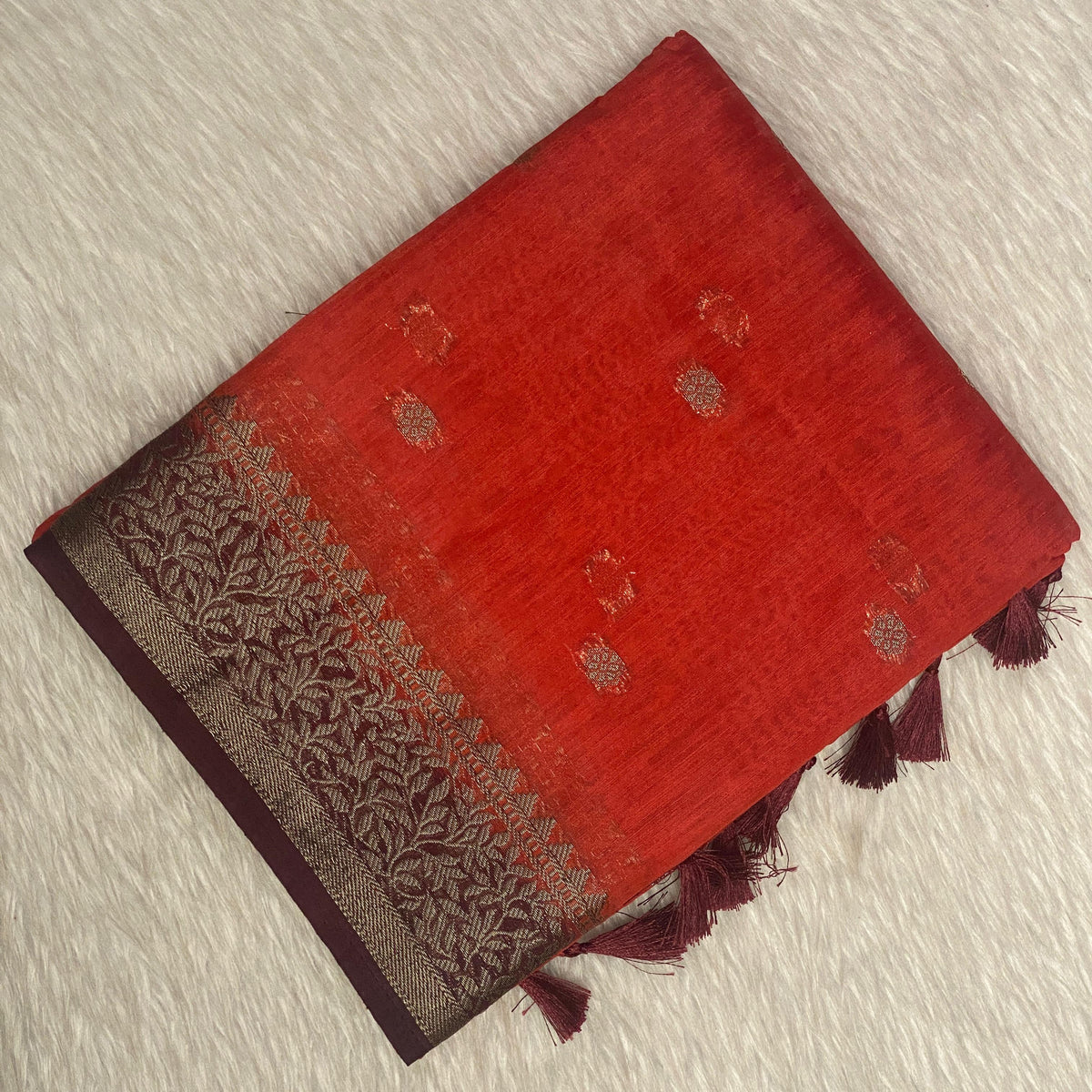 Rust Orange & Deep Brown Zari Woven Semi Jute Saree