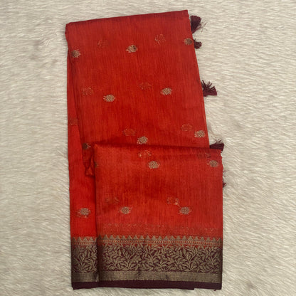Rust Orange & Deep Brown Zari Woven Semi Jute Saree