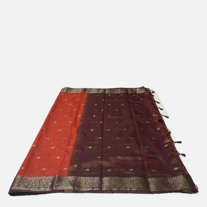 Rust Orange & Deep Brown Zari Woven Semi Jute Saree