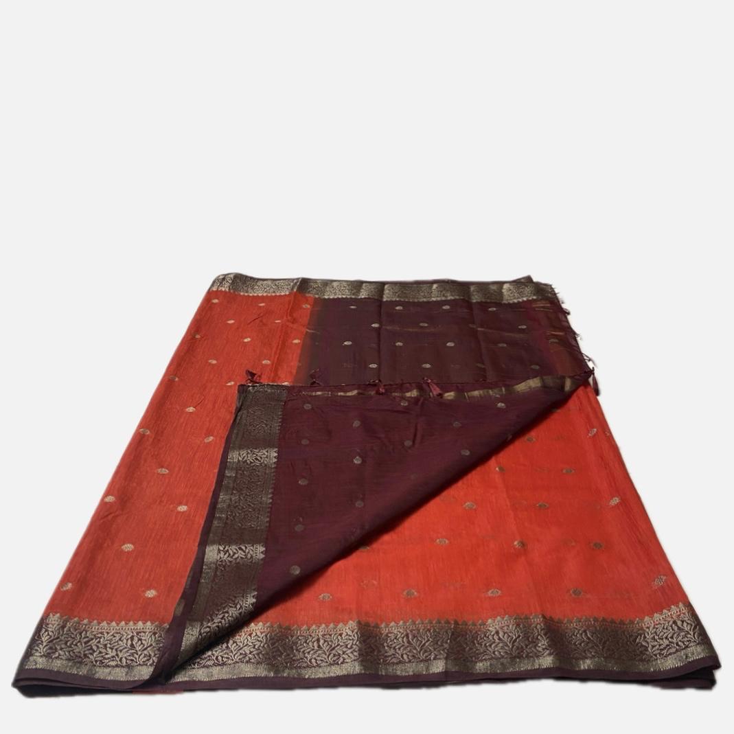 Rust Orange & Deep Brown Zari Woven Semi Jute Saree