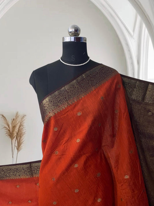 Rust Orange & Deep Brown Zari Woven Semi Jute Saree