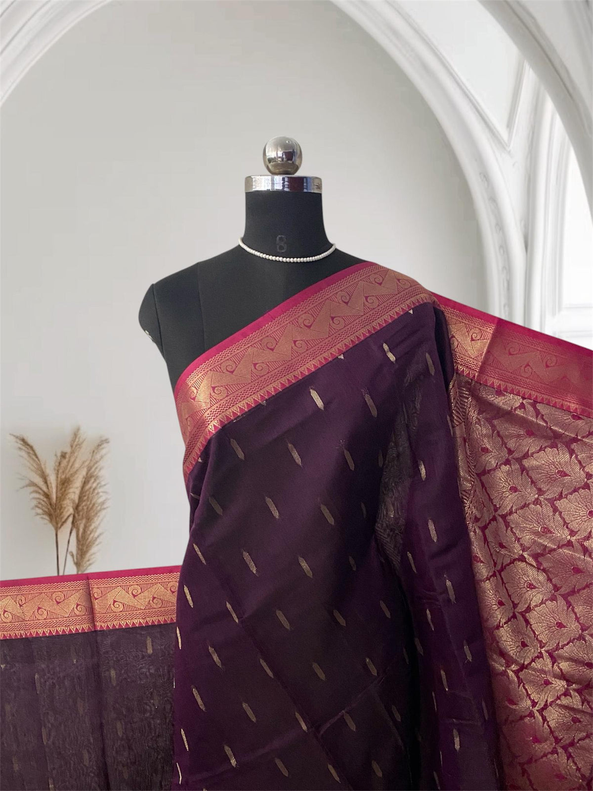 Deep Plum & Pink Zari Woven Cotton Silk Saree