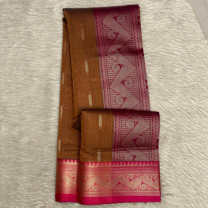 Golden Brown & Fuchsia Pink Zari Woven Cotton Silk Saree