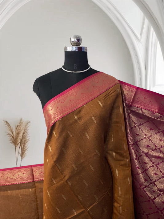 Golden Brown & Fuchsia Pink Zari Woven Cotton Silk Saree