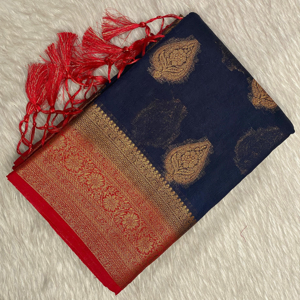 Navy Blue & Rich Copper Zari Banarasi Saree