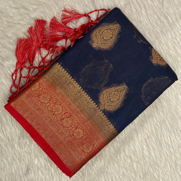Navy Blue & Rich Copper Zari Banarasi Saree