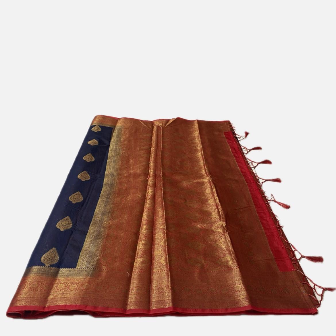 Navy Blue & Rich Copper Zari Banarasi Saree