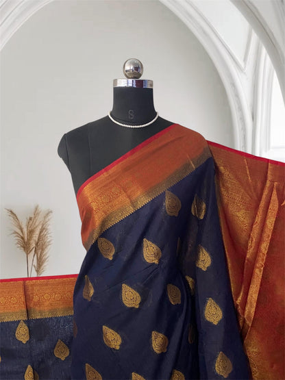 Navy Blue & Rich Copper Zari Banarasi Saree