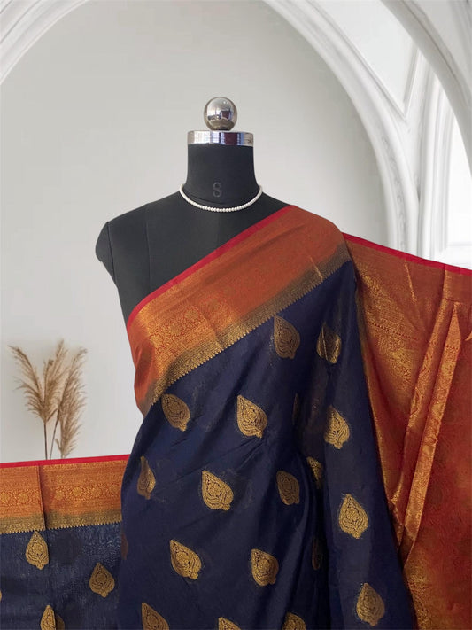 Navy Blue & Rich Copper Zari Banarasi Saree
