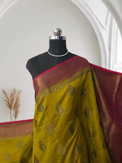 Olive Green & Rich Maroon Zari Banarasi Saree