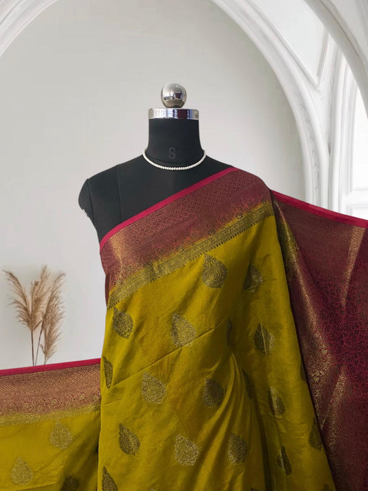 Olive Green & Rich Maroon Zari Banarasi Saree