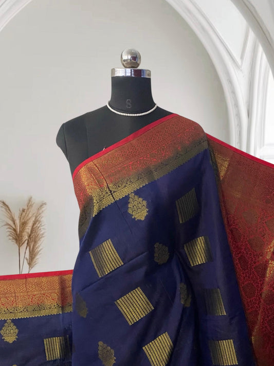 Royal Blue & Red Zari Banarasi Saree