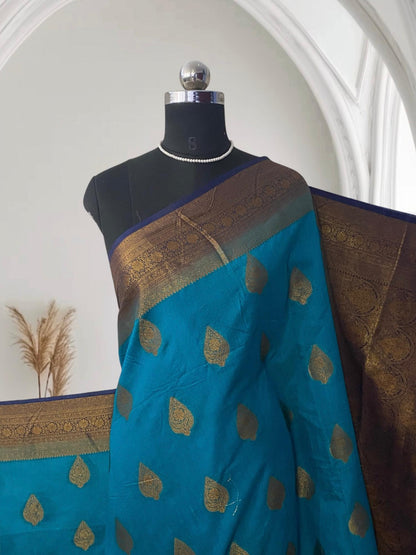 Vibrant Blue & Antique Gold Zari Banarasi Saree