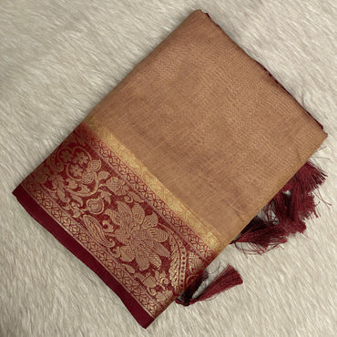 Rajamallika Golden Beige & Rich Maroon Zari Woven Semi Jute Saree