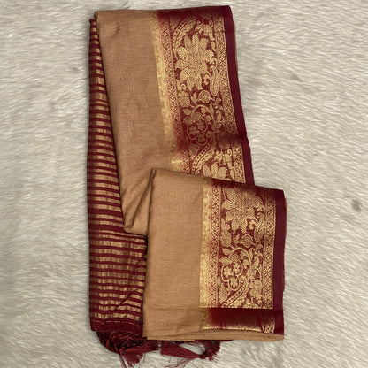 Rajamallika Golden Beige & Rich Maroon Zari Woven Semi Jute Saree