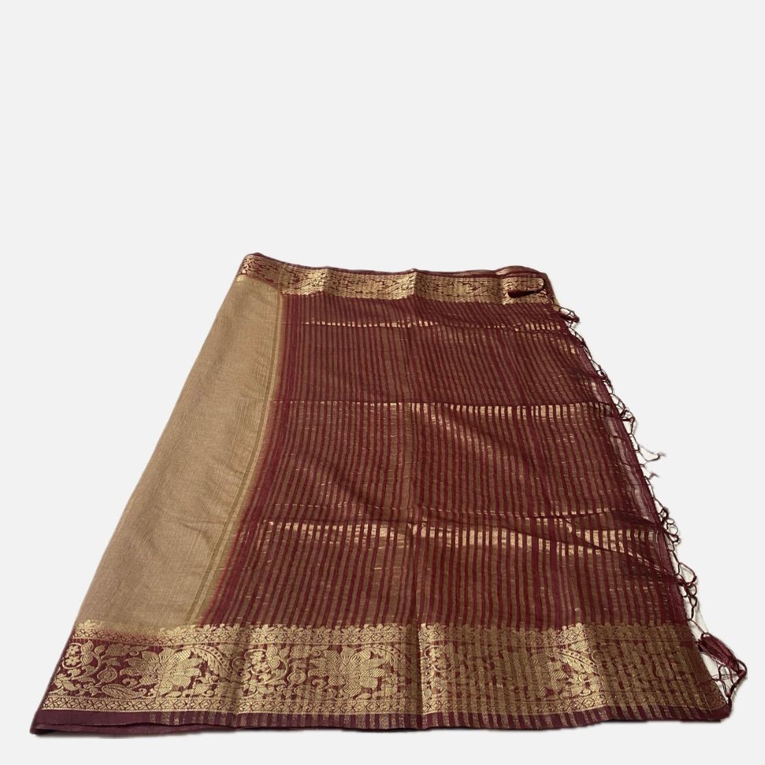 Rajamallika Golden Beige & Rich Maroon Zari Woven Semi Jute Saree