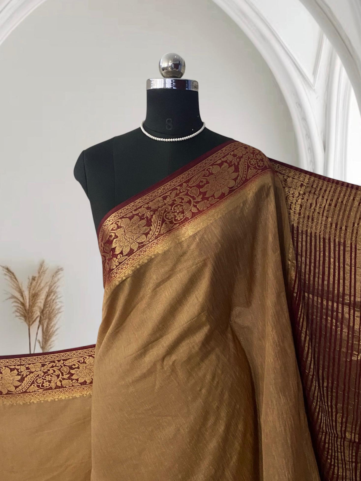 Rajamallika Golden Beige & Rich Maroon Zari Woven Semi Jute Saree