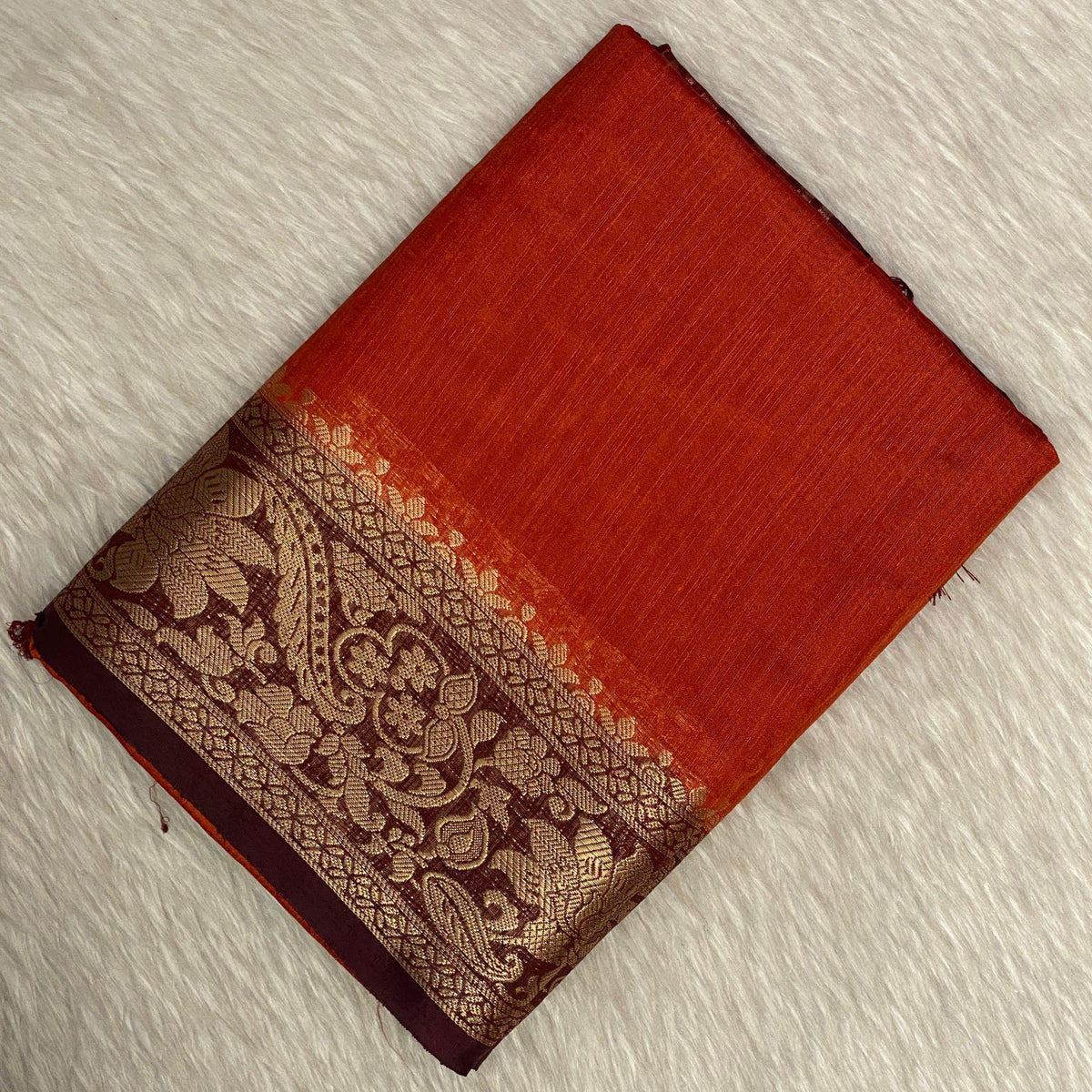 Rajamallika Rust Orange & Deep Maroon Zari Woven Semi Jute Saree