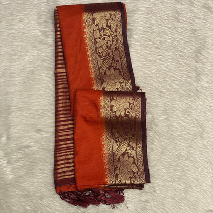 Rajamallika Rust Orange & Deep Maroon Zari Woven Semi Jute Saree