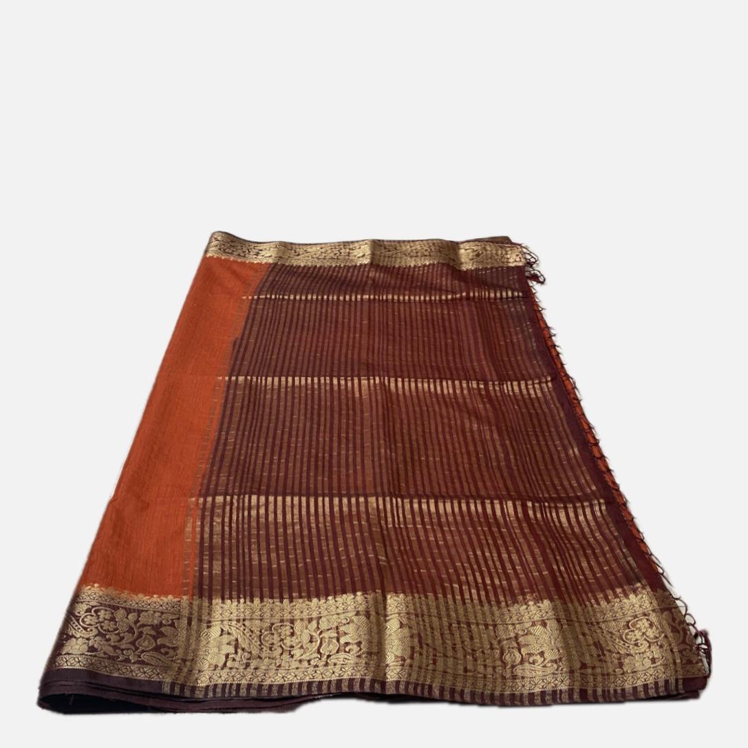 Rajamallika Rust Orange & Deep Maroon Zari Woven Semi Jute Saree