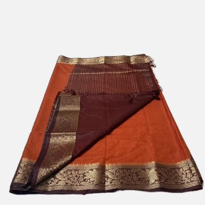 Rajamallika Rust Orange & Deep Maroon Zari Woven Semi Jute Saree