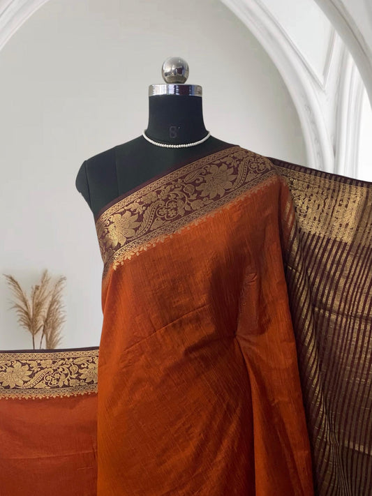 Rajamallika Rust Orange & Deep Maroon Zari Woven Semi Jute Saree