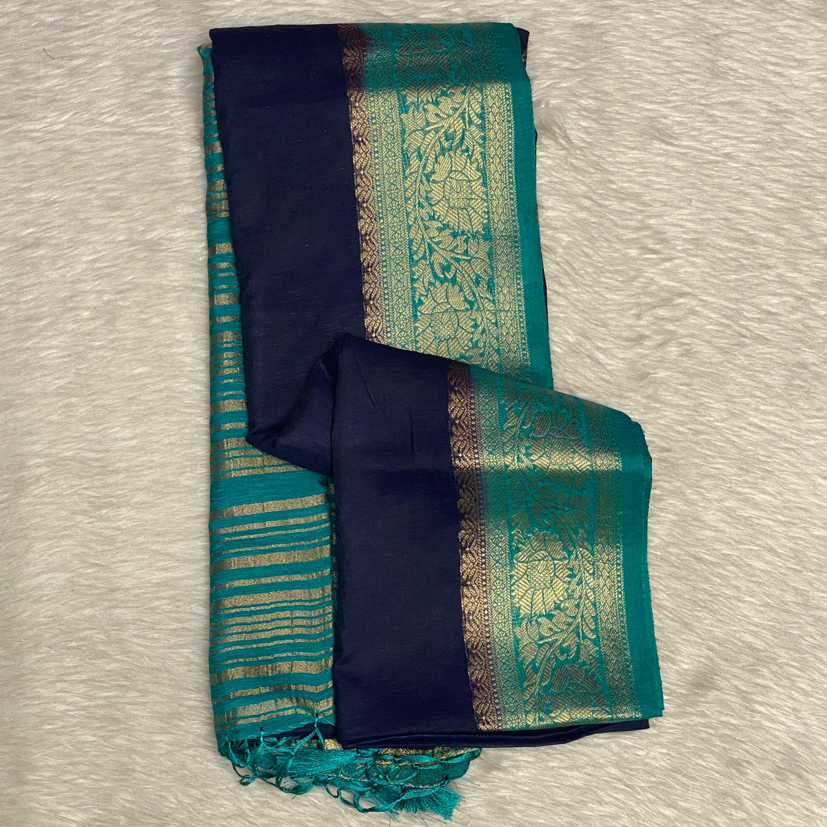 Rajamallika Navy Blue & Teal Zari Woven Semi Jute Saree
