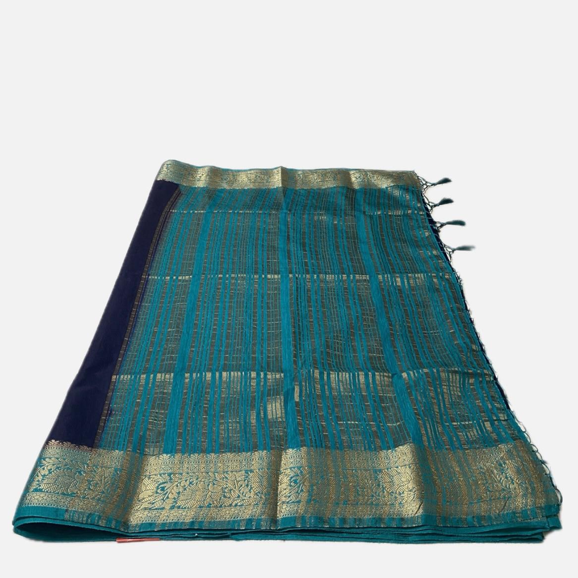 Rajamallika Navy Blue & Teal Zari Woven Semi Jute Saree
