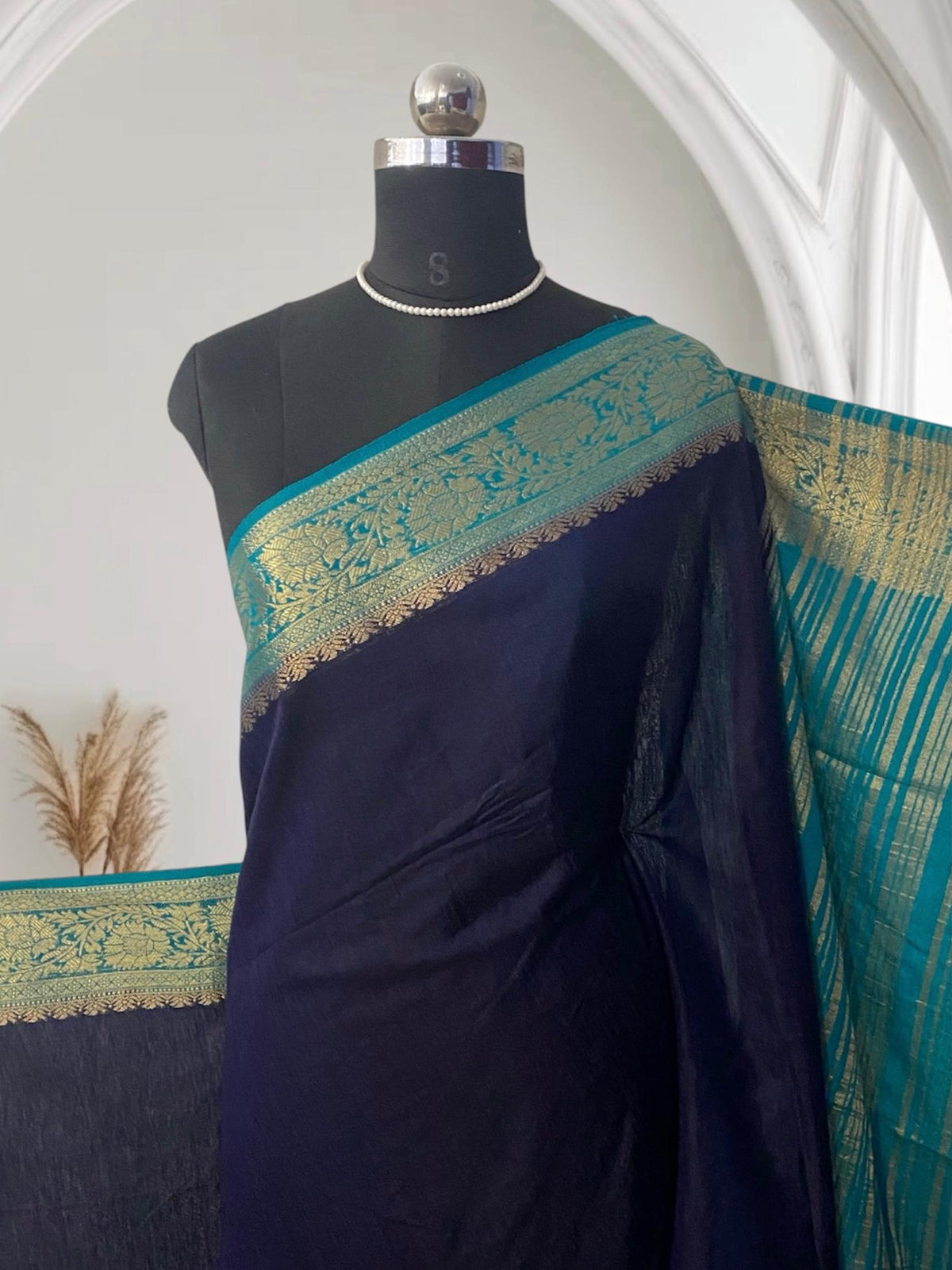 Rajamallika Navy Blue & Teal Zari Woven Semi Jute Saree