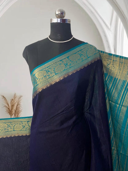 Rajamallika Navy Blue & Teal Zari Woven Semi Jute Saree