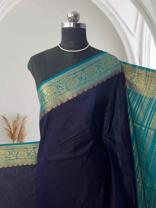 Rajamallika Navy Blue & Teal Zari Woven Semi Jute Saree