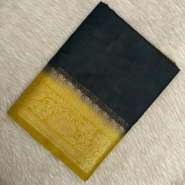 Rajamallika Black & Yellow Gold Semi Jute Silk Saree
