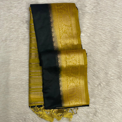 Rajamallika Black & Yellow Gold Semi Jute Silk Saree