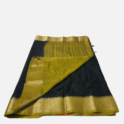 Rajamallika Black & Yellow Gold Semi Jute Silk Saree