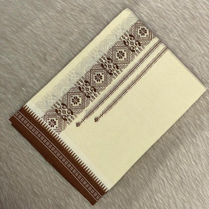 White Dhoti with Brown Geometric border