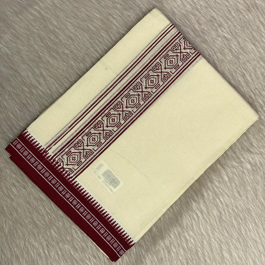 White Dhoti with Maroon Geometric border