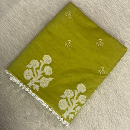 Chanderi Cotton Fancy Saree with Lace  Olive Green